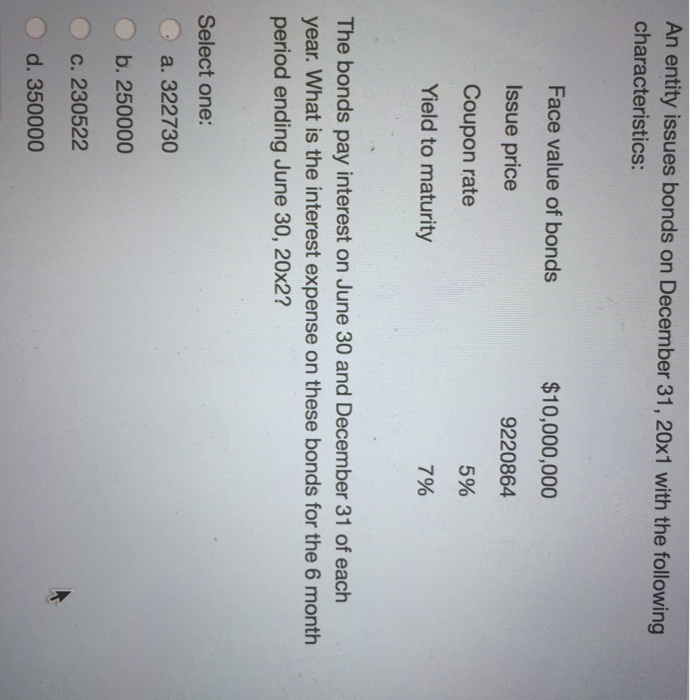  An entity issues bonds on December 31, 20x1 with the following