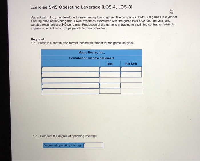  Exercise 5-15 Operating Leverage [LO5-4, LO5-8] Magic Realm, Inc., has developed