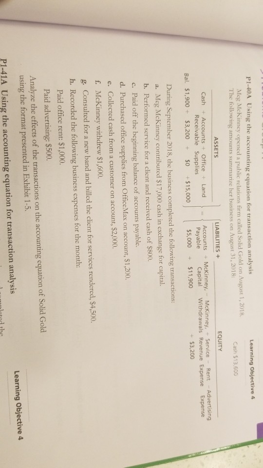  P1-40A Using the accounting equation for transaction analysis Learning Objective 4