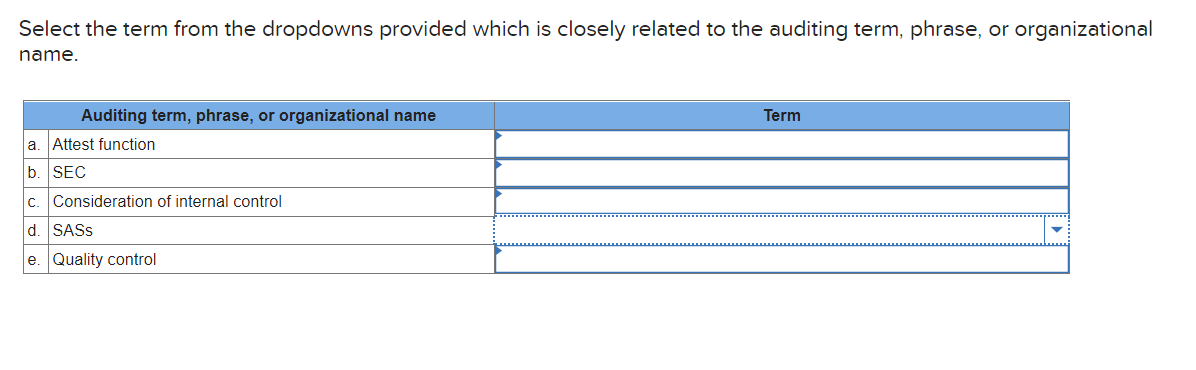  Select the term from the dropdowns provided which is closely related
