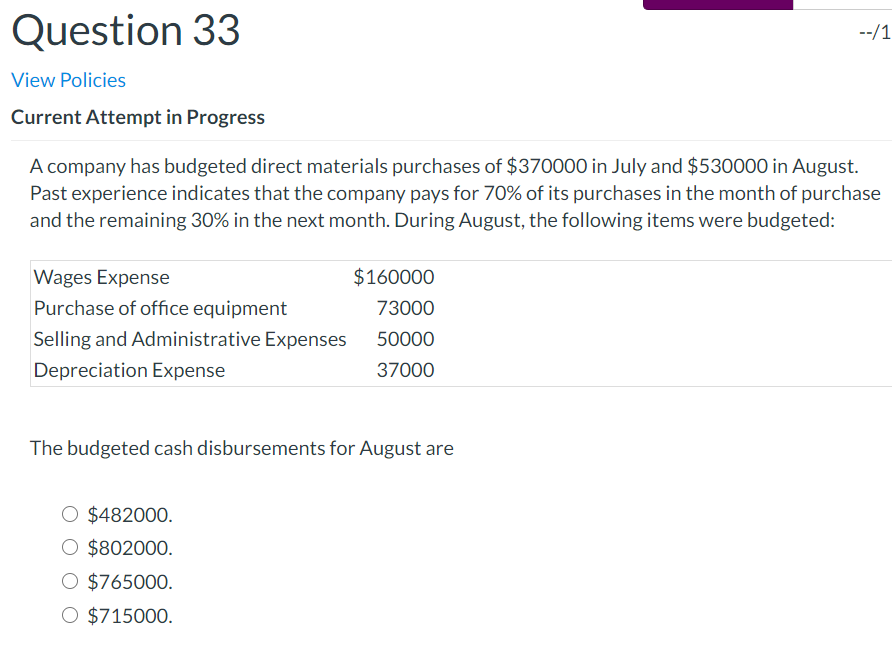 Question 33 --/1 View Policies Current Attempt in Progress A company