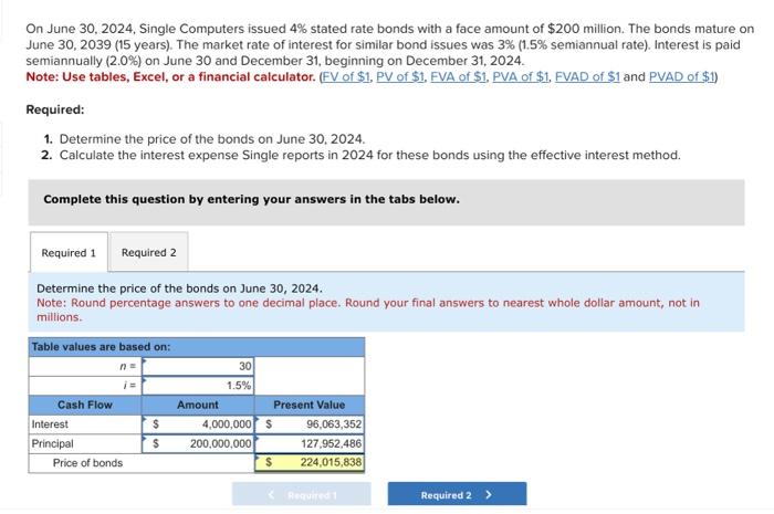  On June 30,2024 , Single Computers issued 4% stated rate bonds