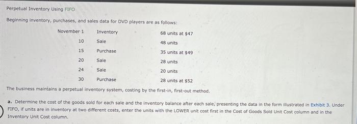  Perpetual Inventory Using FIFO Beginning inventory, purchases, and sales data for