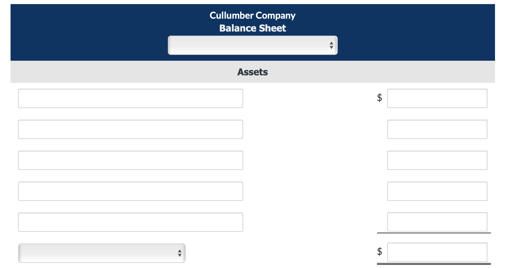 information is available for Cullumber Company Accounts receivable $3,400 Cash $6,240 Accounts