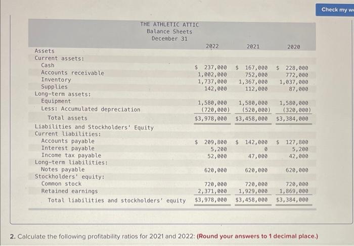 provided below. 2. Calculate the following profitability ratios for 2021 and 2022: