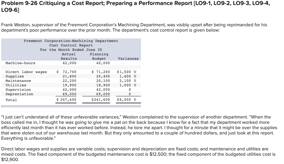 Please help! Problem 9-26 Critiquing a Cost Report; Preparing a Performance Report