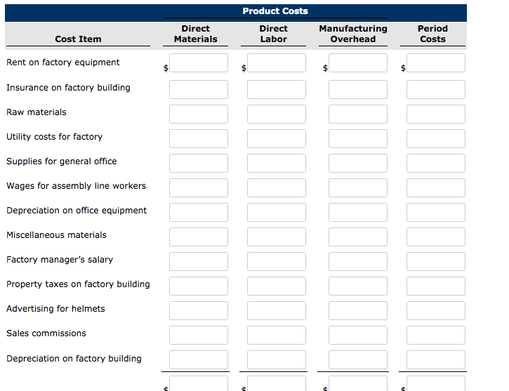 item on your answer sheet, placing the dollar amount under the appropriate