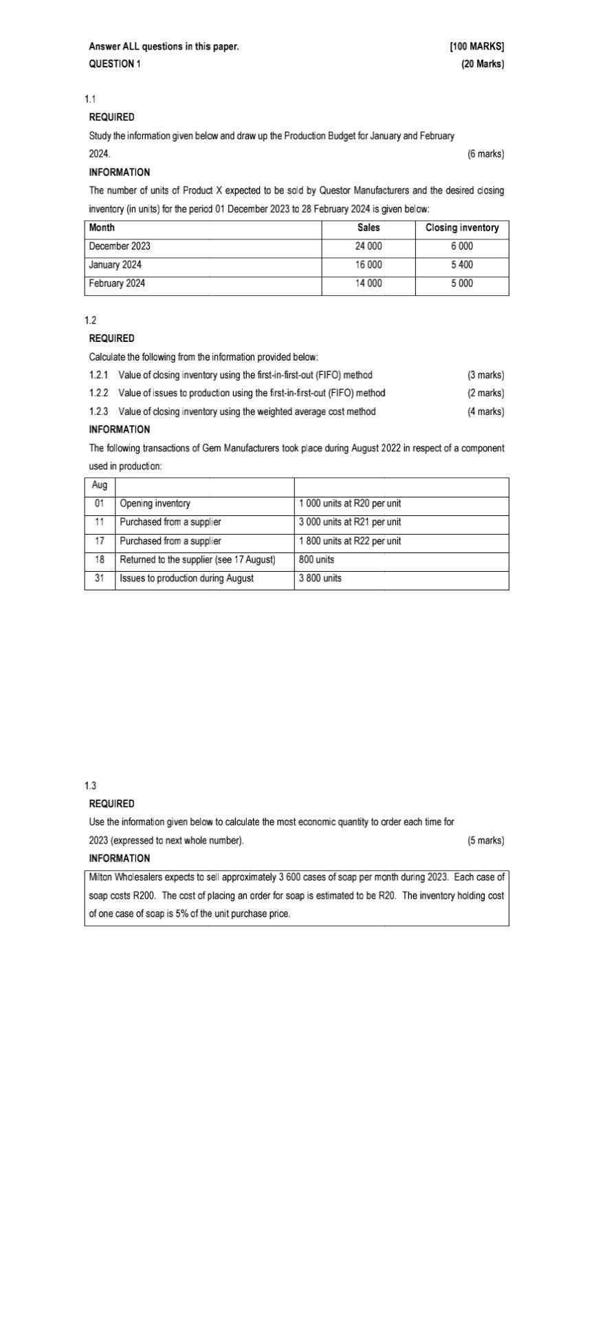 1.1 REQUIRED Study the information given below and draw up the