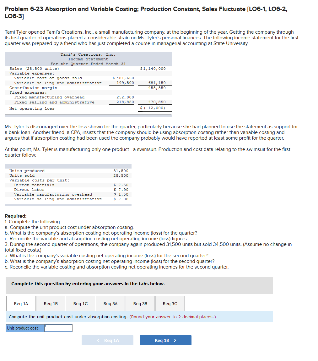  Problem 6-23 Absorption and Variable Costing; Production Constant, Sales Fluctuate [LO6-1,