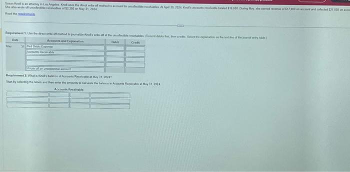  Mccacen hereivalis. Requirements 1. Use the direct write-off method to journalize