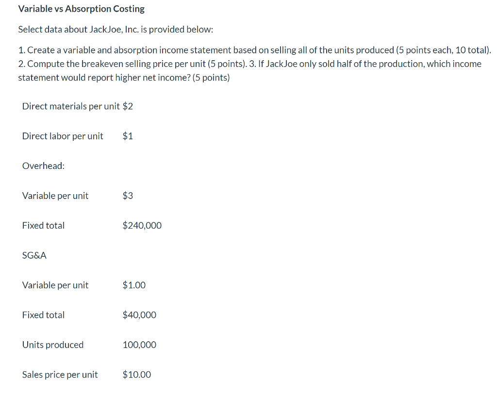  Variable vs Absorption Costing Select data about JackJoe, Inc. is provided