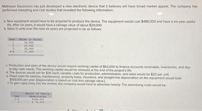  Matheson Electronics has just developed a new electronic device that it