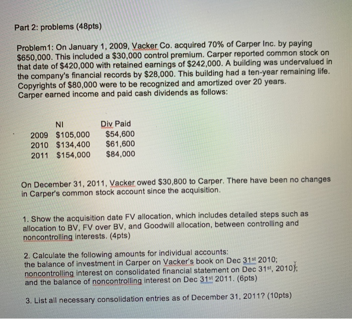  Part 2: problems (48pts) Problem 1: On January 1, 2009, Vacker