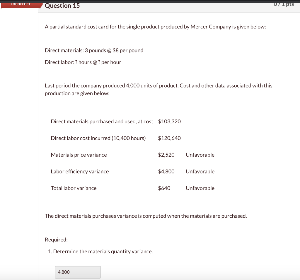  incorrect Question 15 UT 1 pts A partial standard cost card