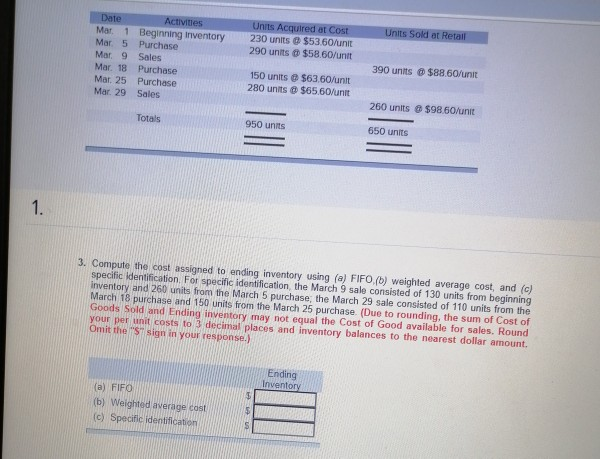 Date Activities Mar 1 Beginning inventory Mar 5 Purchase Mar. 9