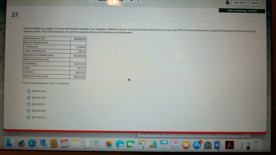  g Save & Exit | Submit Time remaining: 2:12:50 27. Premium