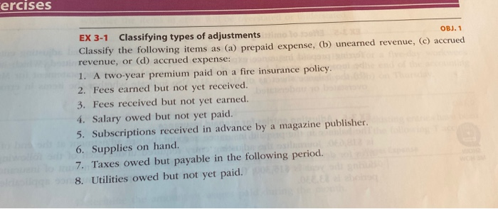  tercises OBJ. 1 EX 3-1 Classifying types of adjustments Classify the