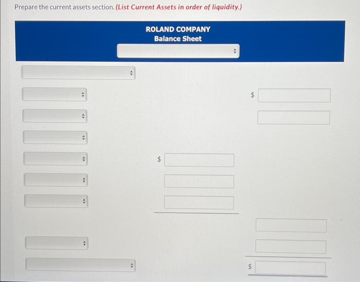 items for Roland Company's balance sheet at December 31, 2020. Accounts receivable