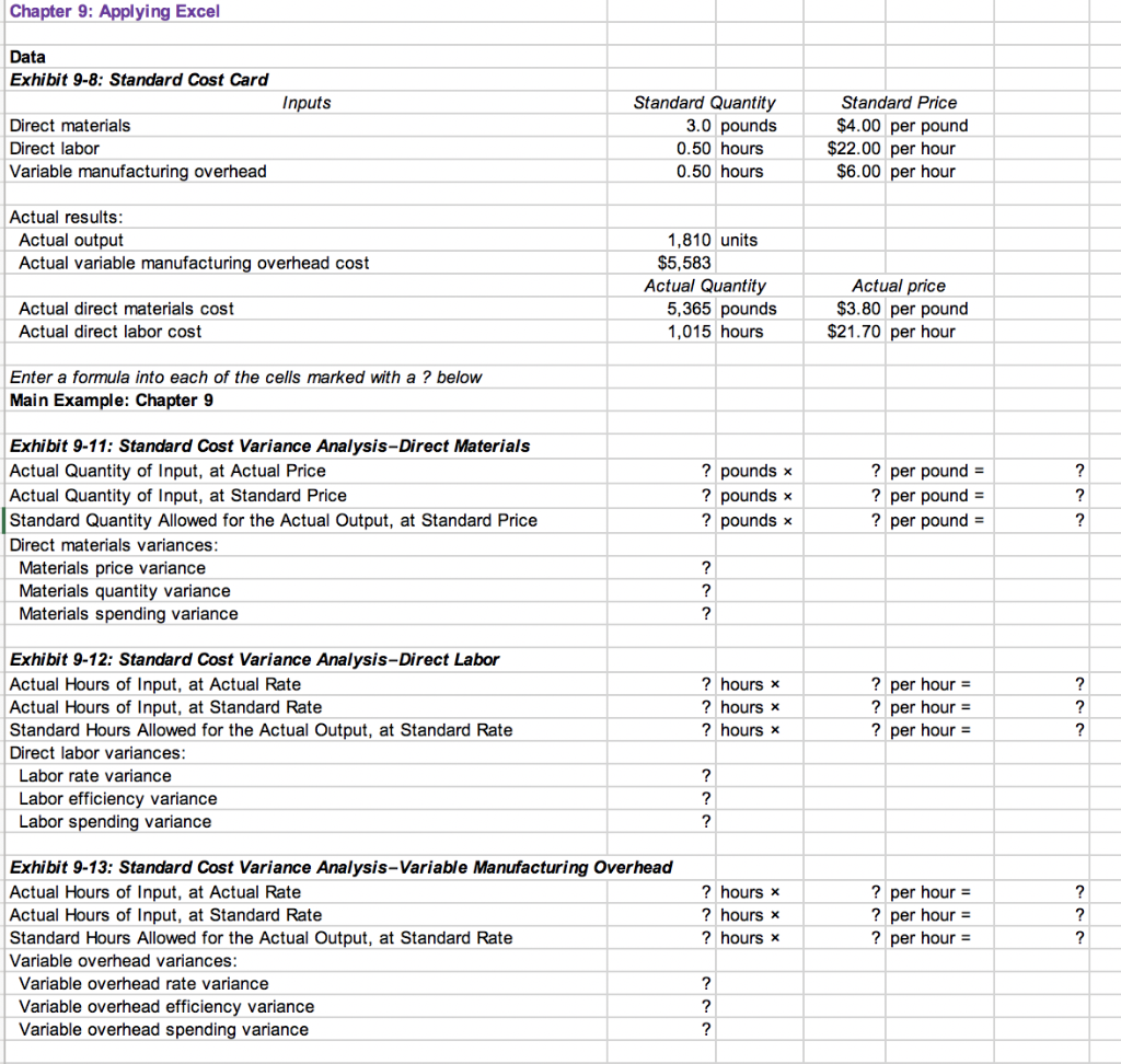 Chapter 9: Applying Excel Data Exhibit 9-8: Standard Cost Card Inputs