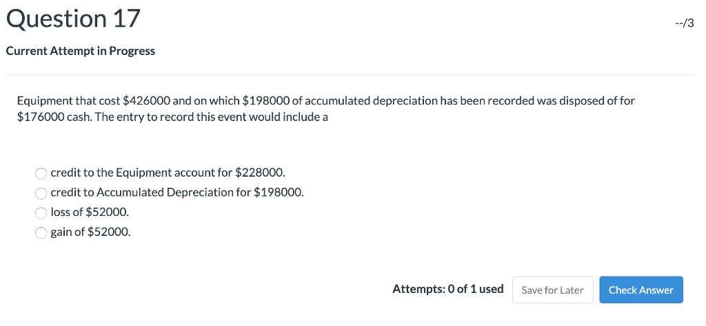 Question 17 Current Attempt in Progress Equipment that cost $426000 and