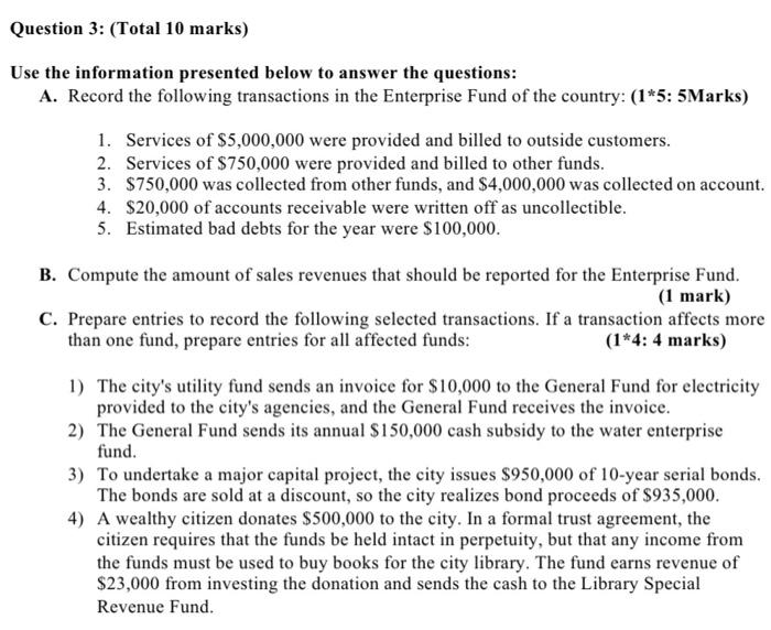 the following transactions in the Enterprise Fund of the country: (1*5: 5Marks)