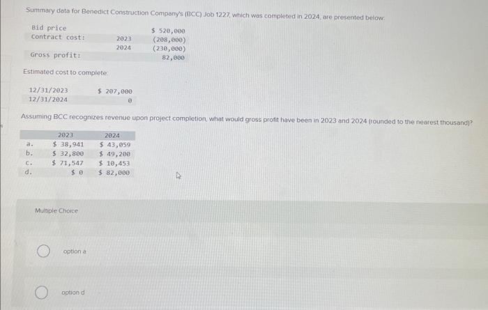  Summary data for Benedict Construction Compony's (BCC) Job 1227, which was