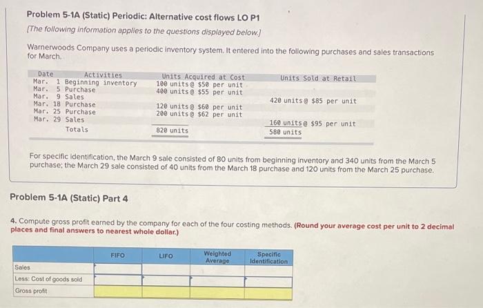 Please help me solve this! thanks! Problem 5-1A (Static) Periodic: Alternative cost