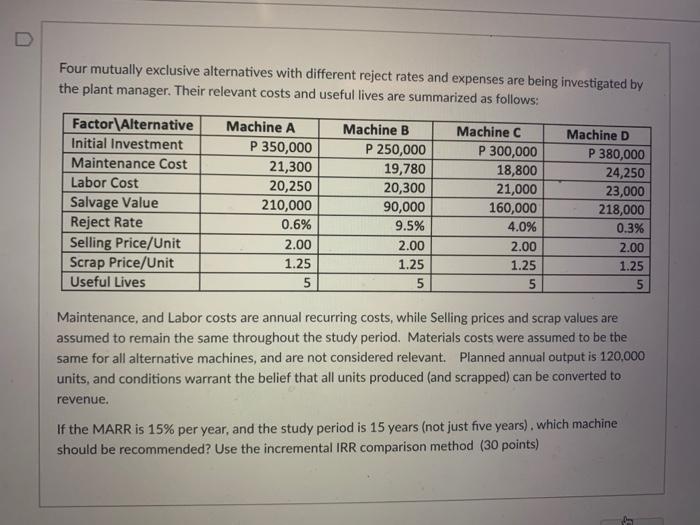 show complete solution Four mutually exclusive alternatives with different reject rates and