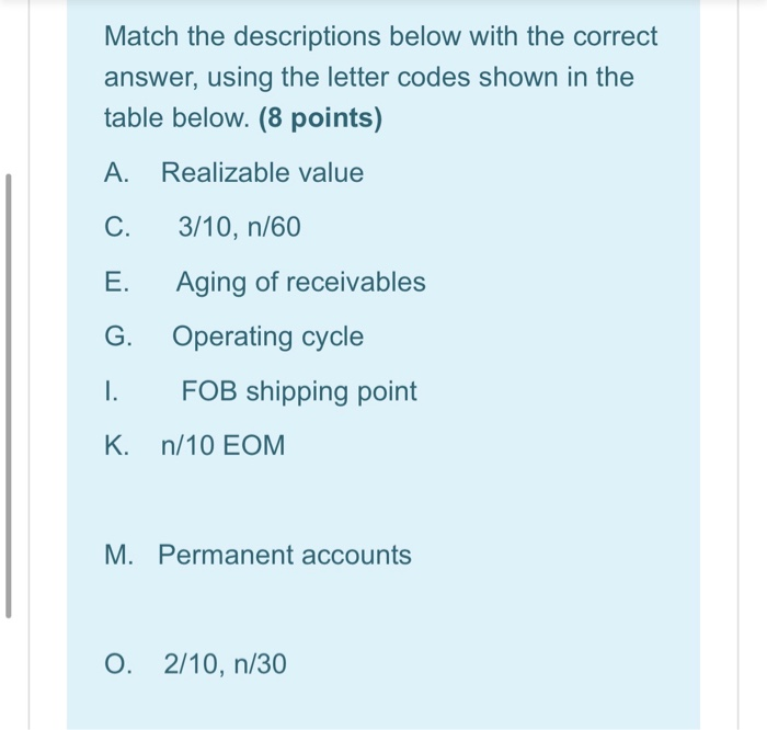  Match the descriptions below with the correct answer, using the letter