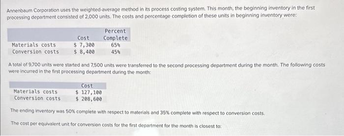  Annenbaum Corporation uses the weighted-average method in its process costing system.