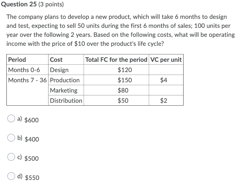 Question 25 (3 points) The company plans to develop a new