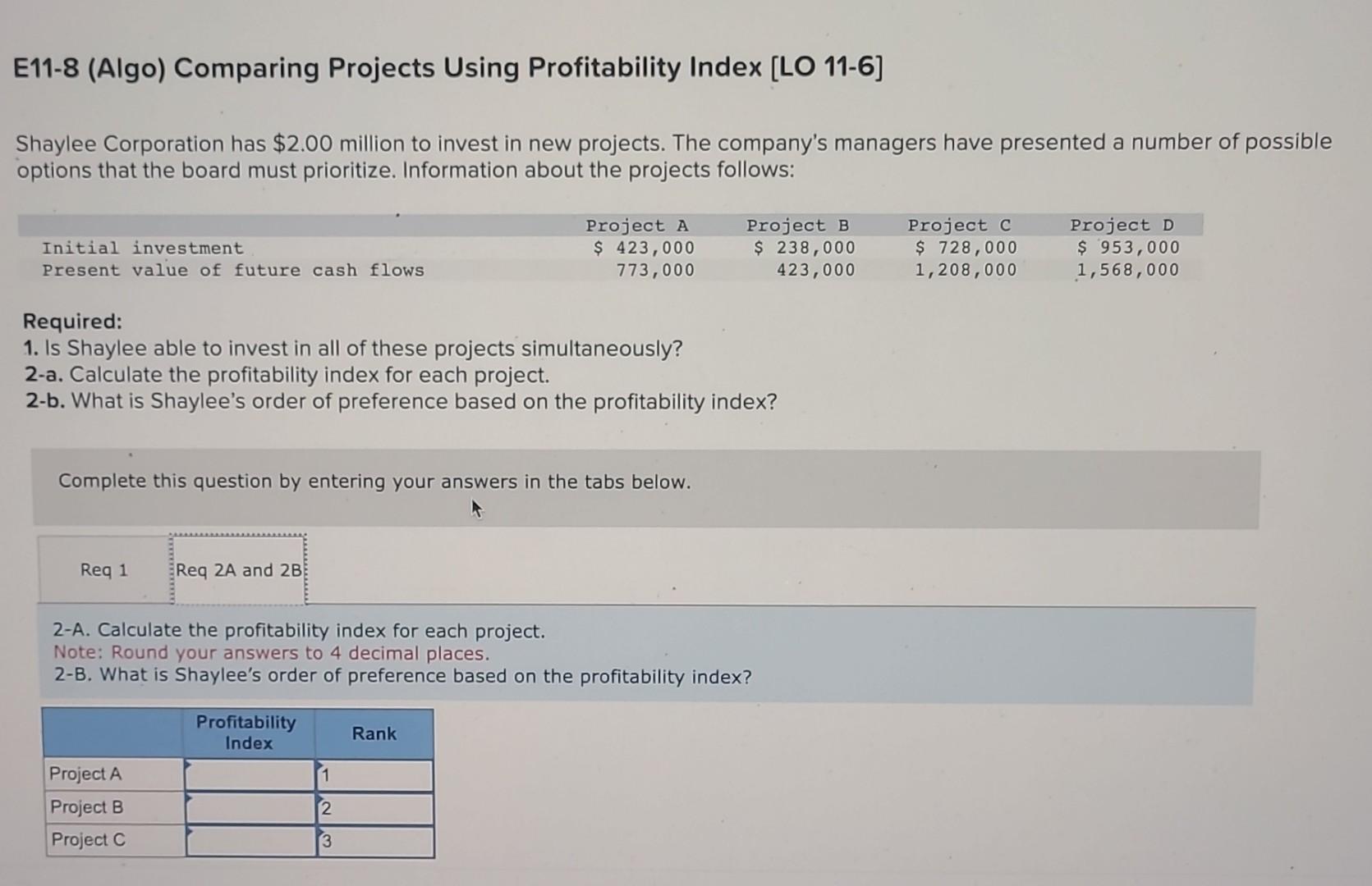  helpp E11-8 (Algo) Comparing Projects Using Profitability Index [LO 11-6] Shaylee