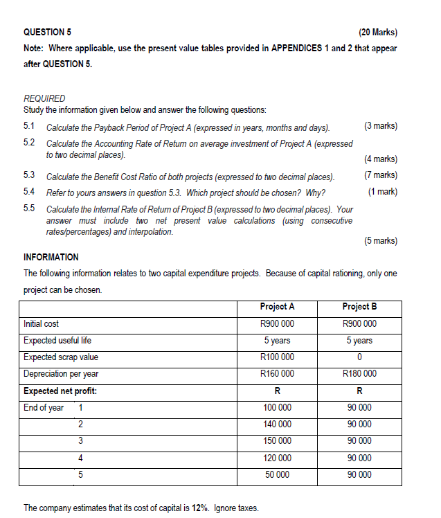  QUESTION 5 (20 Marks) Note: Where applicable, use the present value