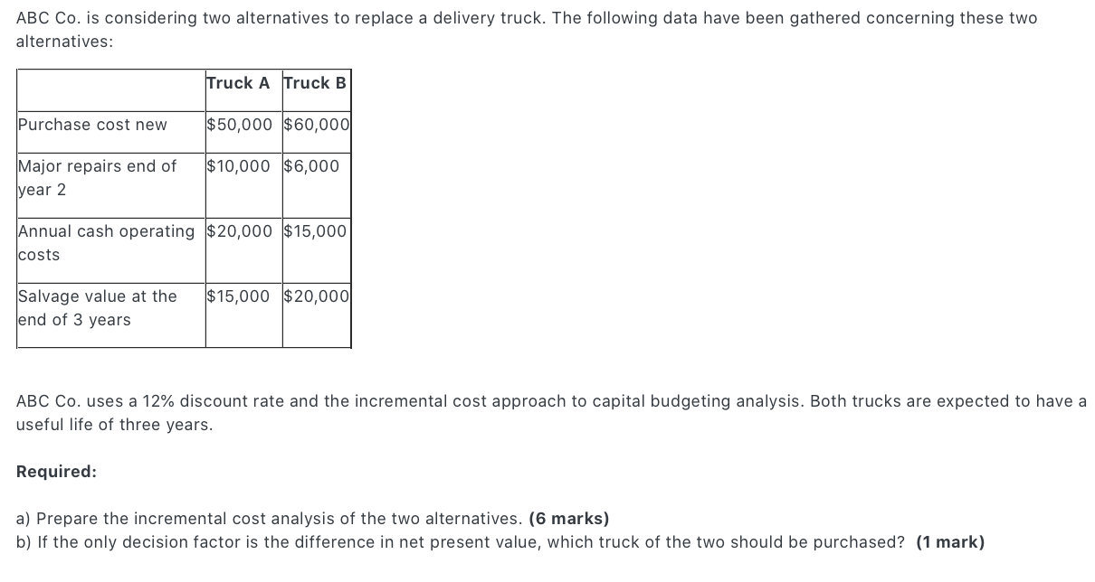 ABC Co. is considering two alternatives to replace a delivery truck.