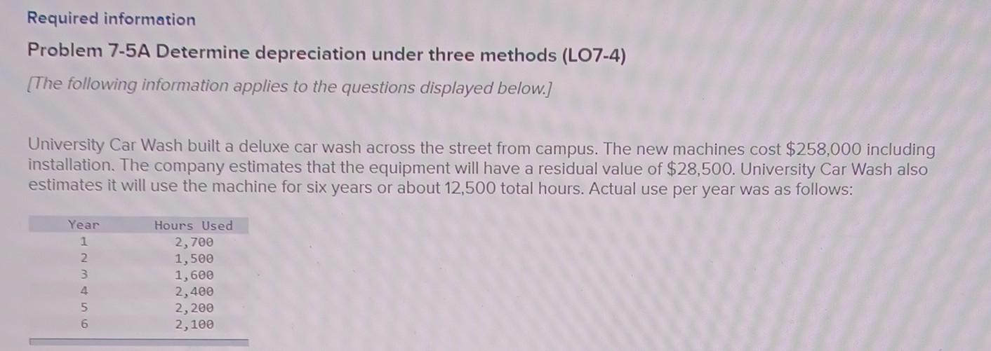 What is the Answer? Required information Problem 7-5A Determine depreciation under three