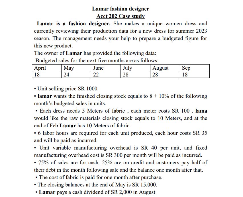  Required: Using the data given above, prepare the following budgets along