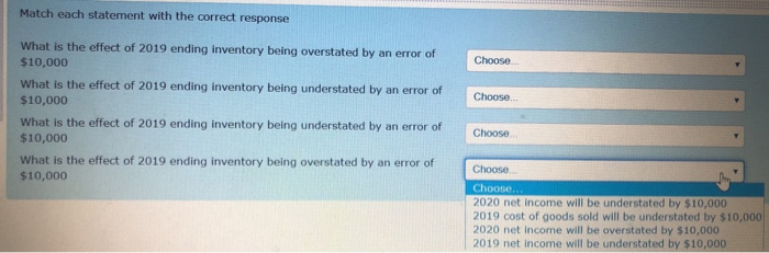 2019 ending Inventory being understated by an error of $10,000 What is