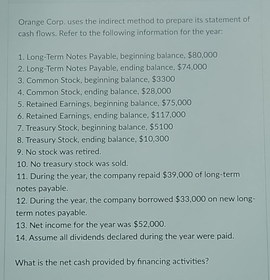  Orange Corp. uses the indirect method to prepare its statement of