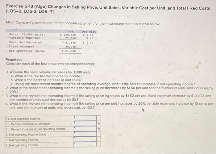  Exercise 5-13 (Algo) Changes in Selling Price, Unit Sales, Variable Cost
