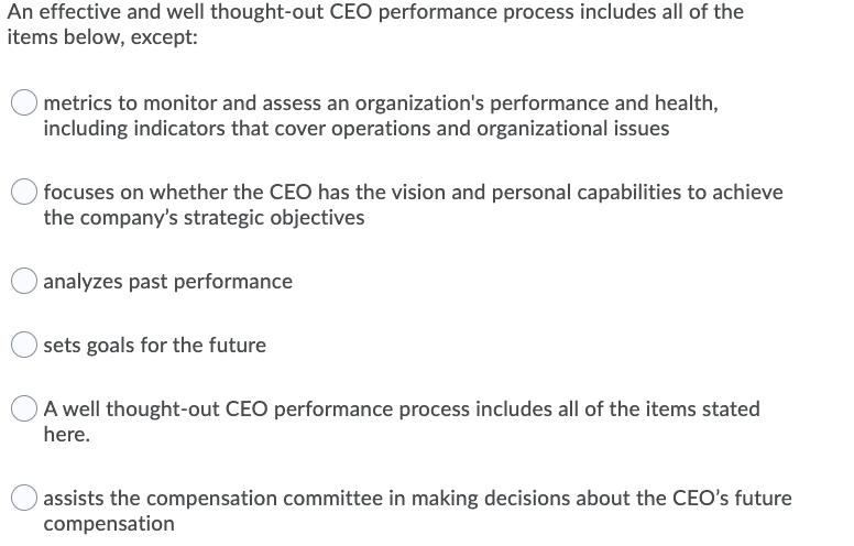  An effective and well thought-out CEO performance process includes all of