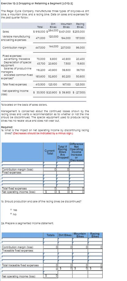  Exercise 12-2 Dropping or Retaining a Segment [LO12-2] The Regal Cycle