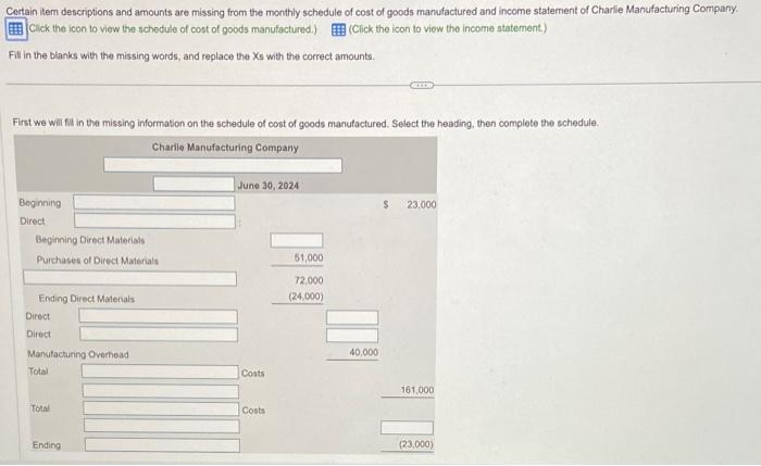  Plz Help Certain item descriptions and amounts are missing from the