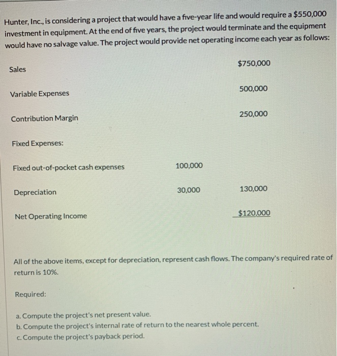  Hunter, Inc., is considering a project that would have a five-year