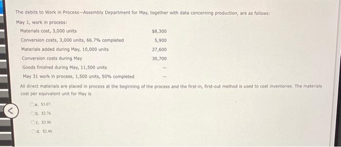  The debits to Work in Process -Assembly Department for May, together
