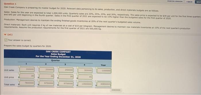  PRINTER VERSION NEXT Question 1 Oak Creek Company is preparing its