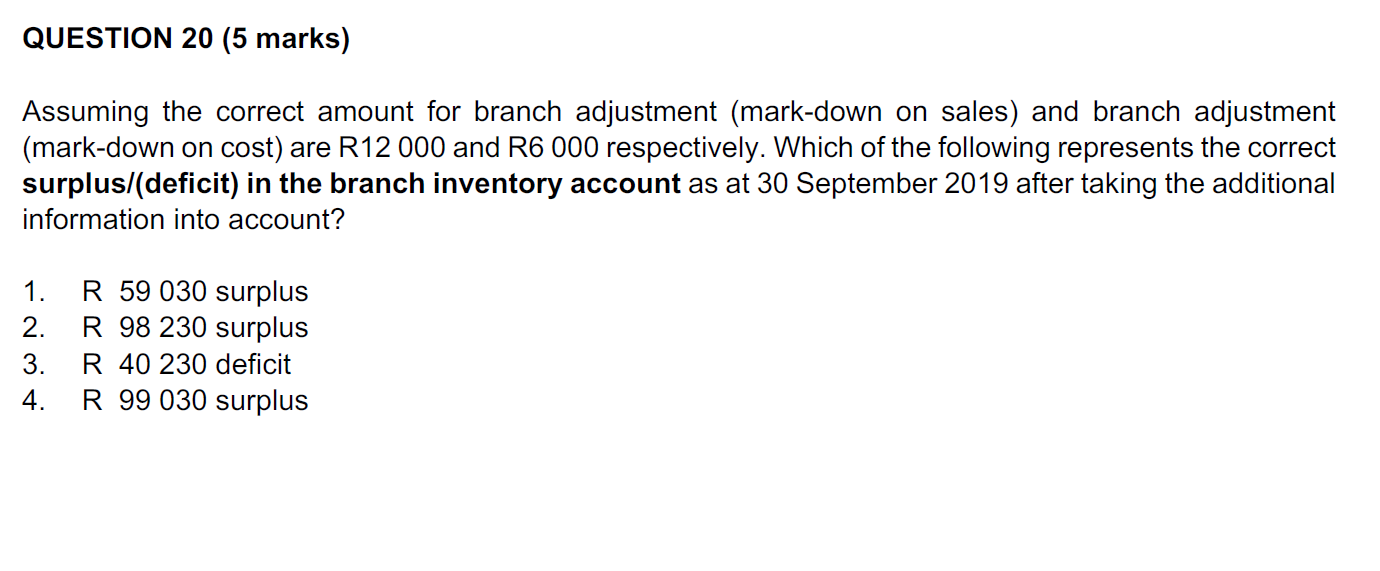 QUESTION 20 (5 marks) Assuming the correct amount for branch adjustment