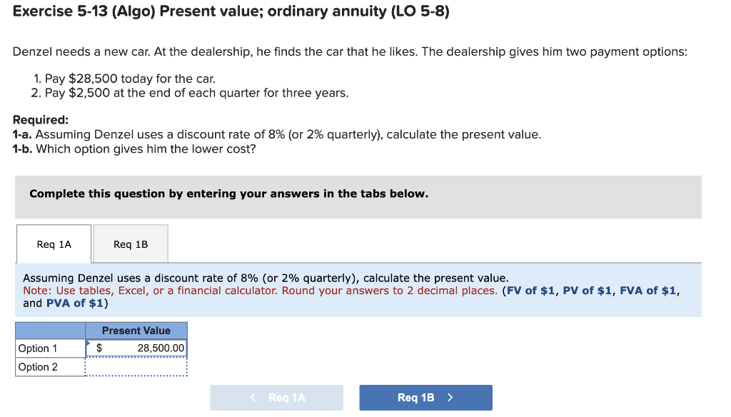 Exercise 5-13 (Algo) Present value; ordinary annuity (LO 5-8) Denzel needs