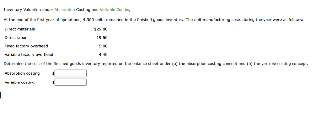  Inventory Valuation under Absorption Costing and Variable Costing At the end