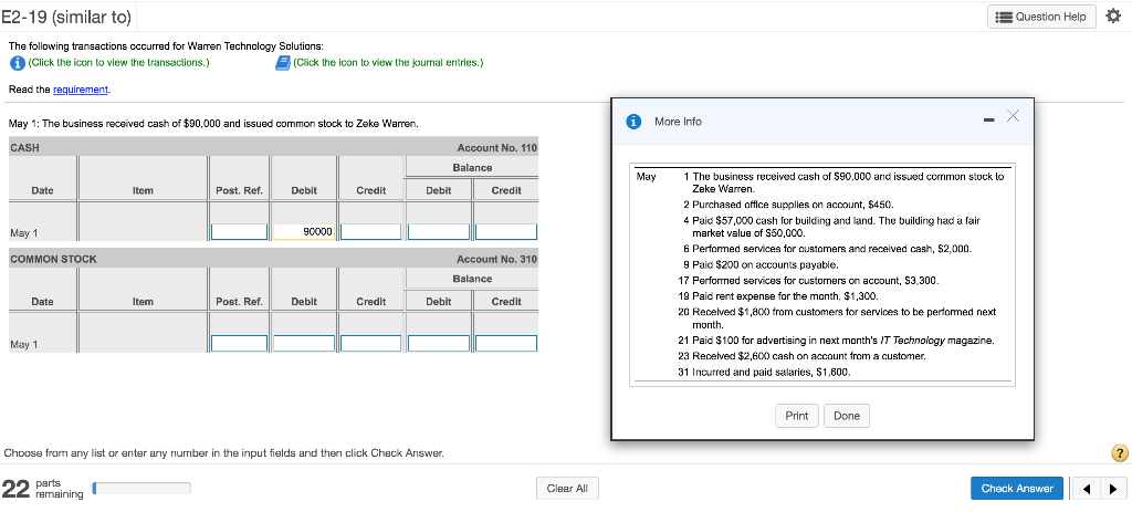 please do every step! E2-19 (similar to Question Help The following transactions