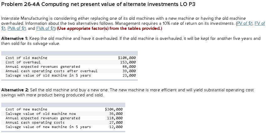 Interstate Manufacturing is considering either replacing one of its old machines with